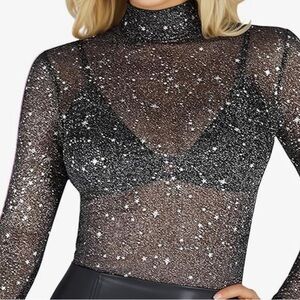 Glitter Sheer Mesh Top, long sleeve,see through